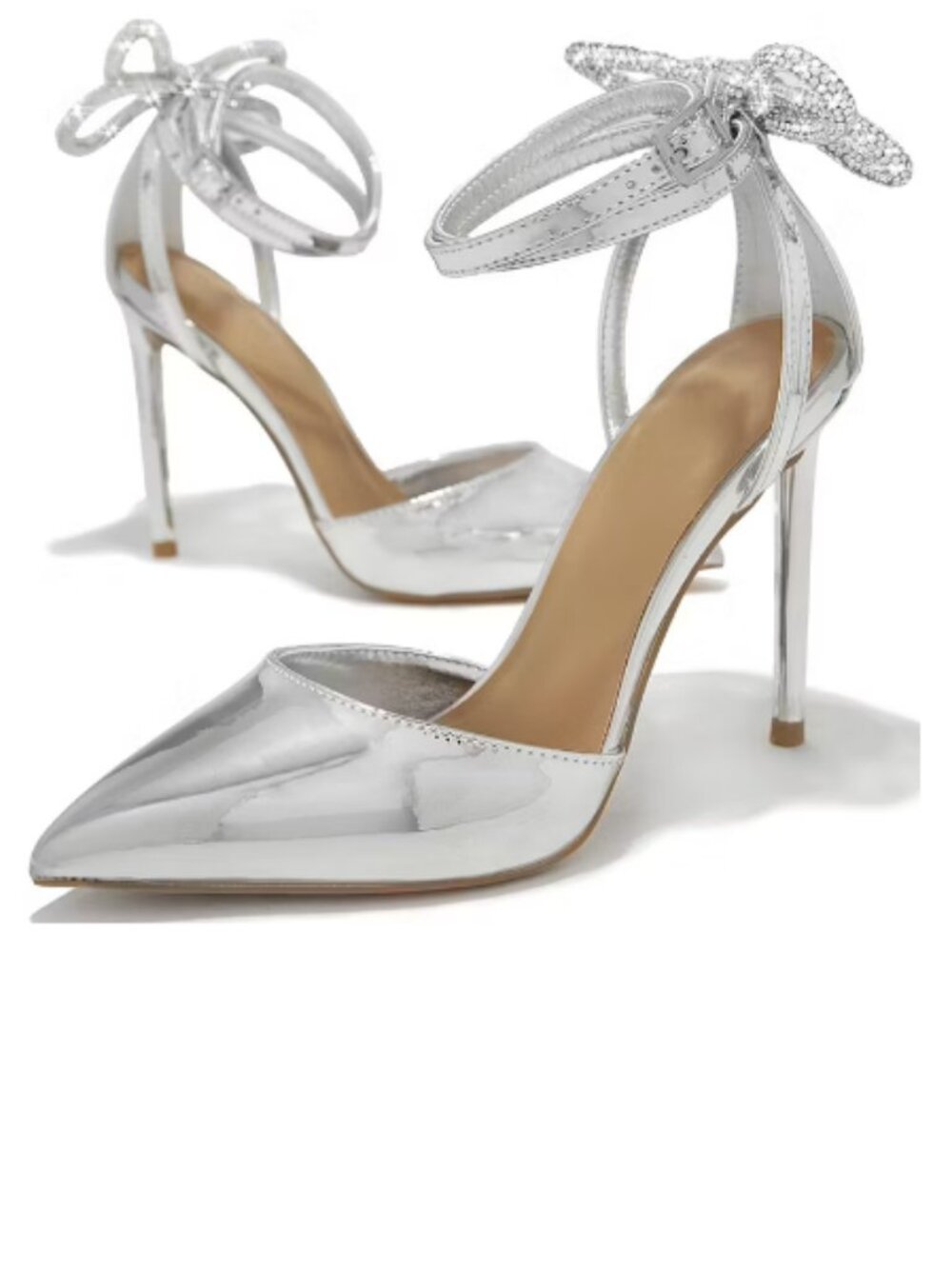 FSJ Metallic Silver Ankle Strap Pumps Rhinestone Bow Decor Wedding Heels